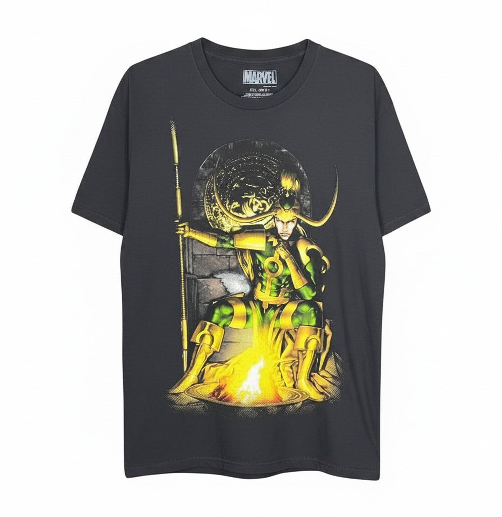 Velouria Vintage 00s Marvel Loki graphic t-shirt in charcoal grey cotton with a detailed character print