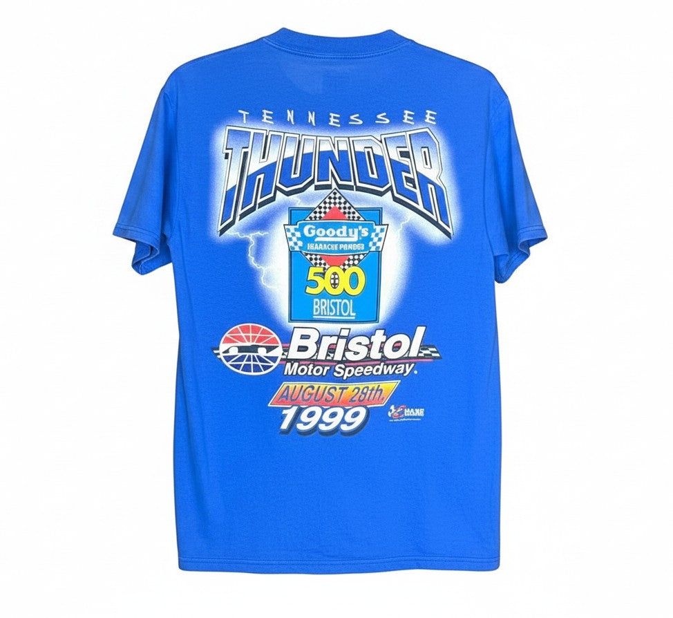 Velouria Vintage blue 1999 Nascar Bristol Motor Speedway cotton t-shirt with Tennessee Thunder graphic back print